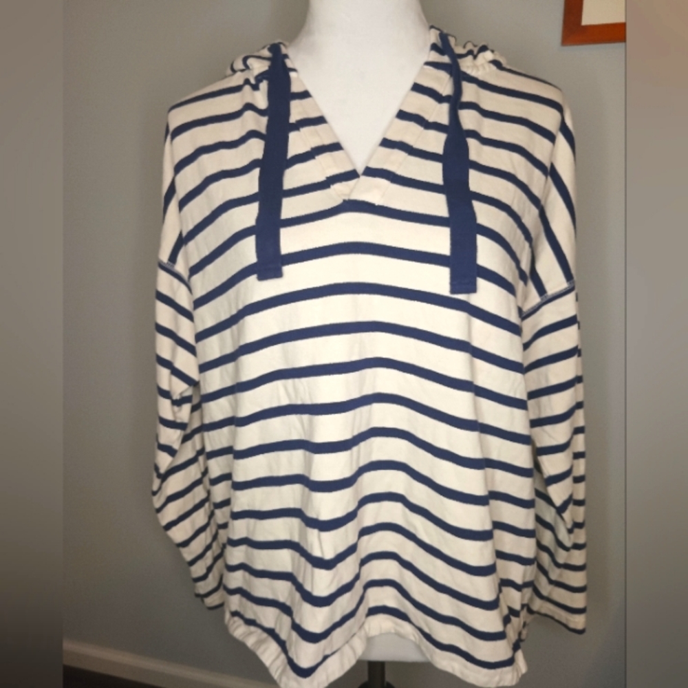 Gap 100% Cotton Cropped Oversized Hooded Nautical Stripe Top, size L